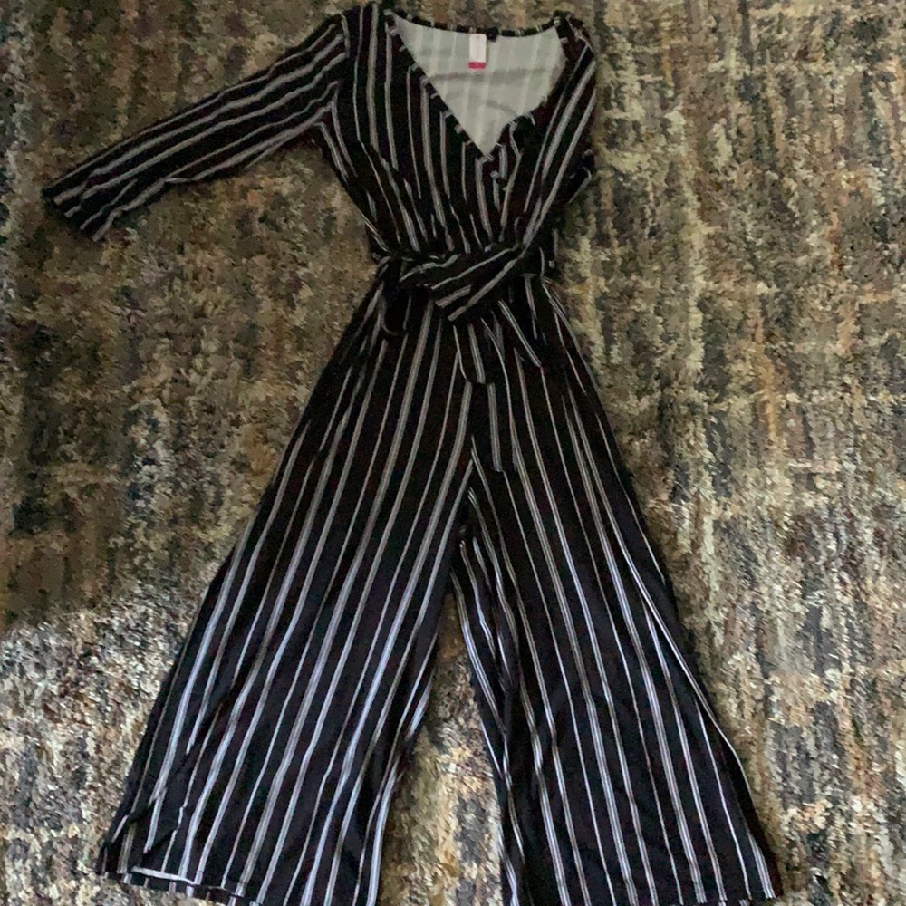 striped navy blue capri jump suit